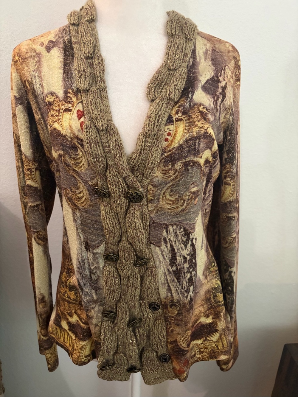 Alberto Makali Patterned Knit Cardigan sweater with Braided Trim